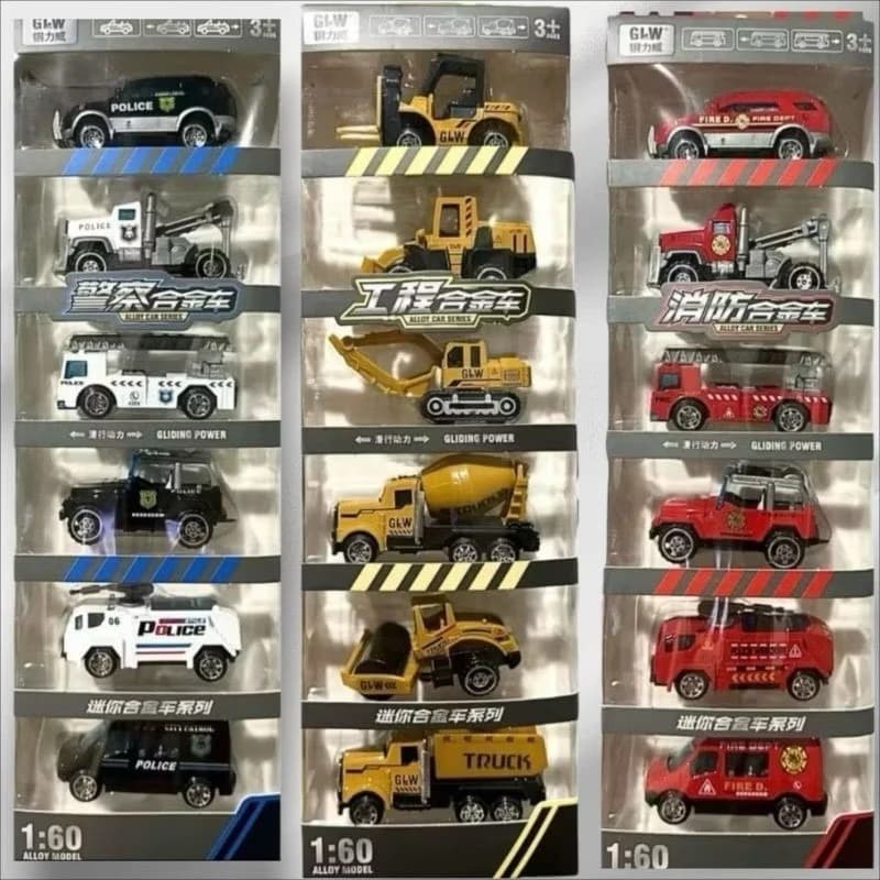 Brinquedo Infantil Kit Carrinhos Miniaturas Metal Polícia Bombeiros Construção Escala 1:60