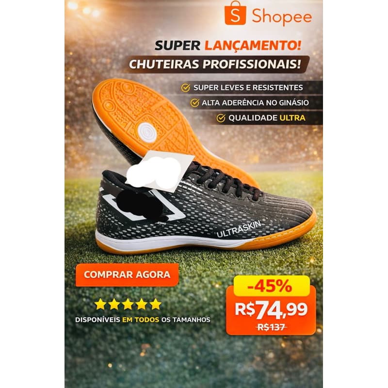 CHUTEIRA TENIS FUTSAL QUADRA ADULTO E INFANTIL Colada e Costurada Lançamento