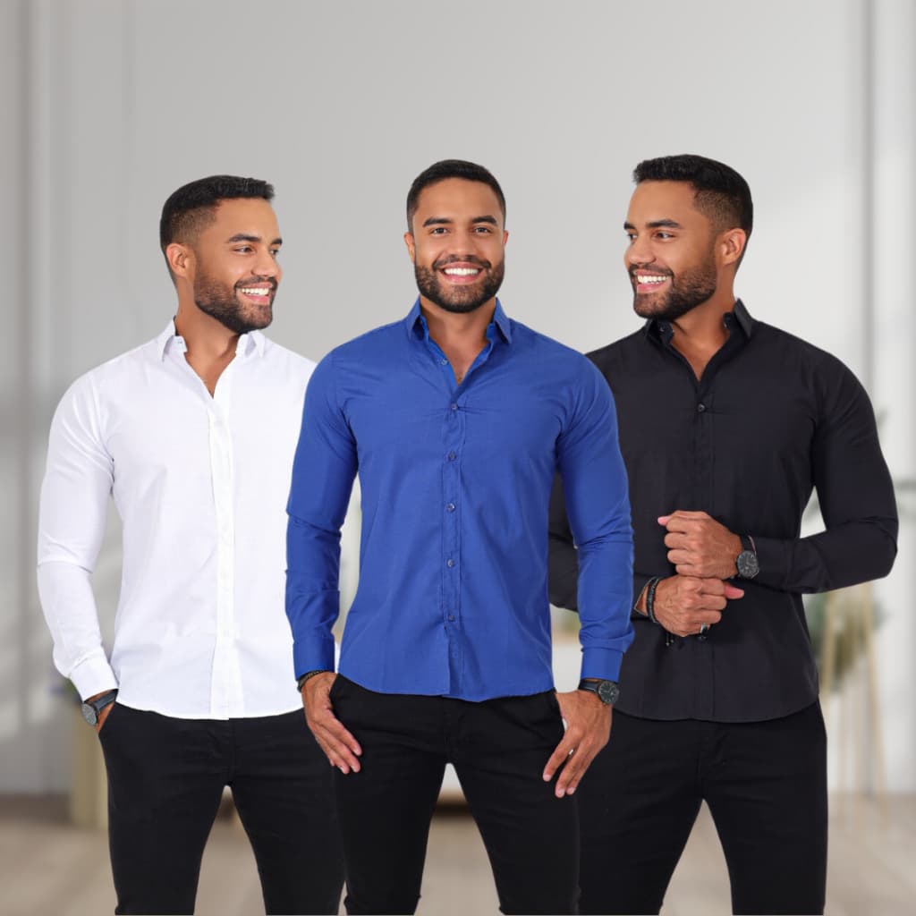 Kit com 3 camisas social masculina manga longa slim fit sem bolso