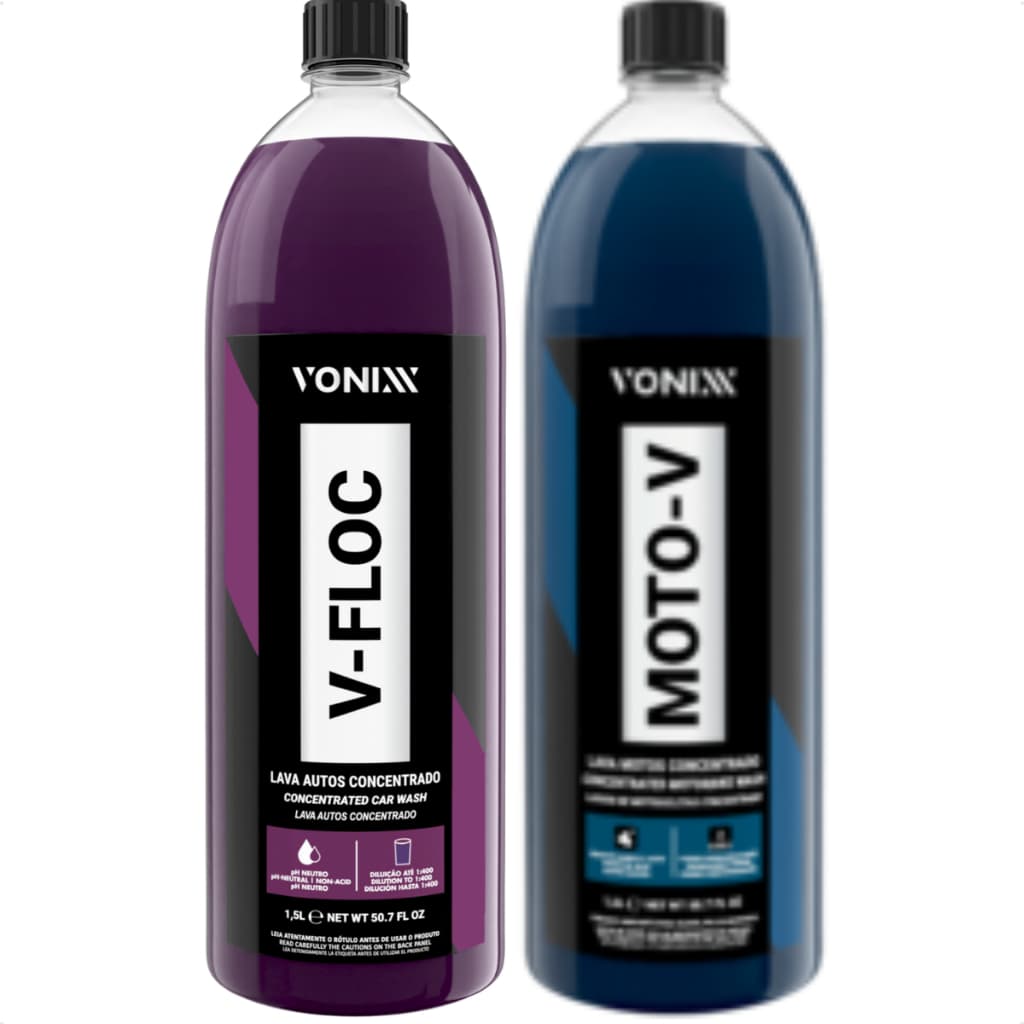 MOTO-V 1,5L LAVA MOTO CONCENTRADO + V-FLOC 1,5L Shampoo Automotivo Neutro Vonixx