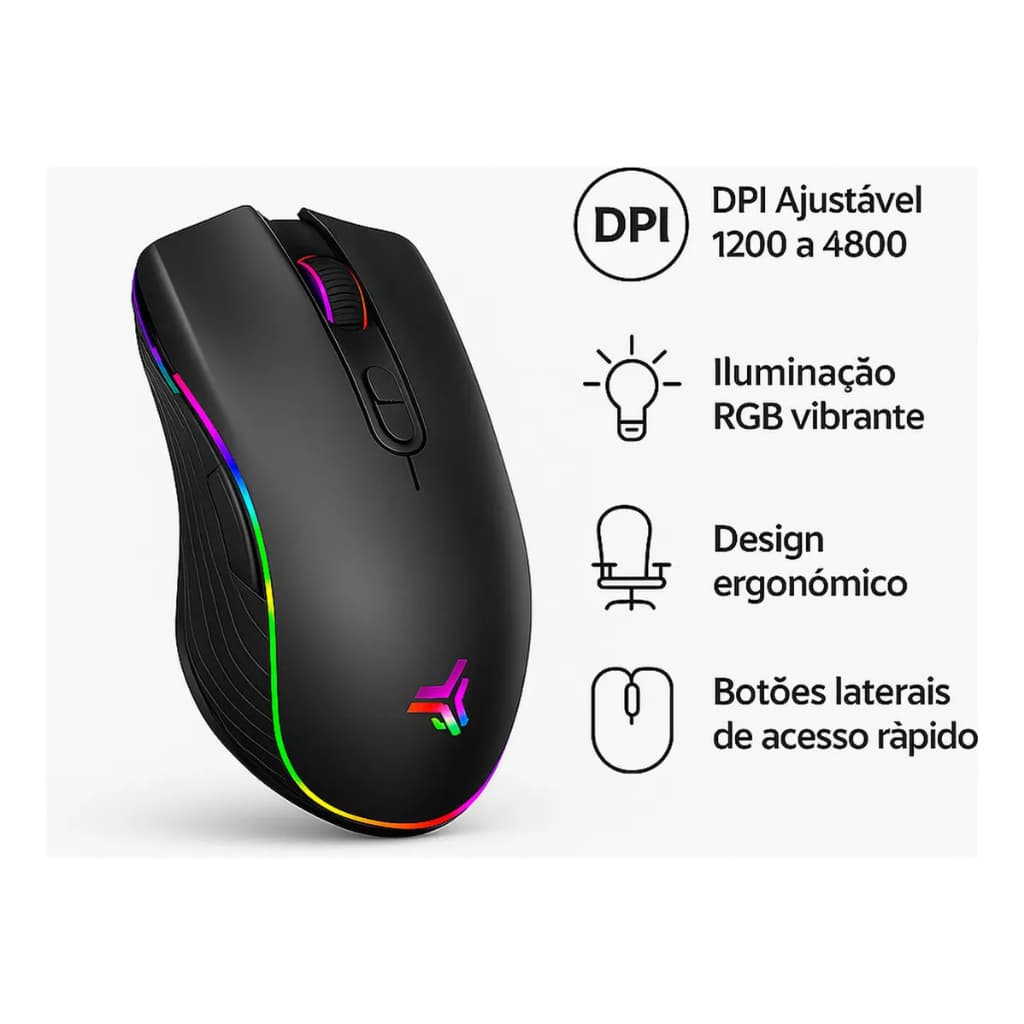 Mouse Gamer Profissional RGB 4800 DPI Alta Precisão 7 Botões Ergonômico para PC Notebook
