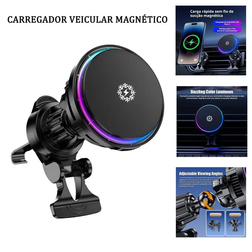Carregador Veicular Magnético Sem Fio Turbo  USB/USB-C Suporte Premium Para Celular no Carro