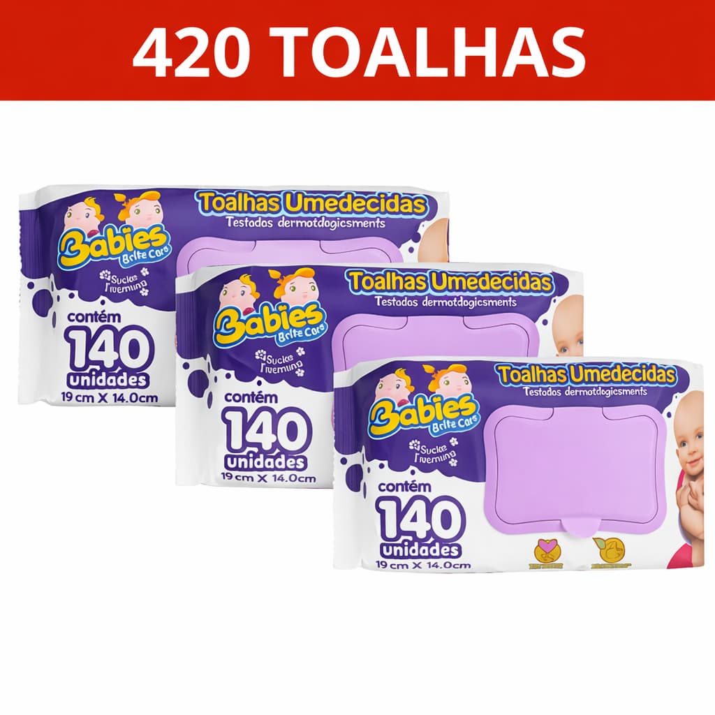 Kit 3 Pacotes Toalhas Lenços Umedecidos Babies Premium - 420 unidades