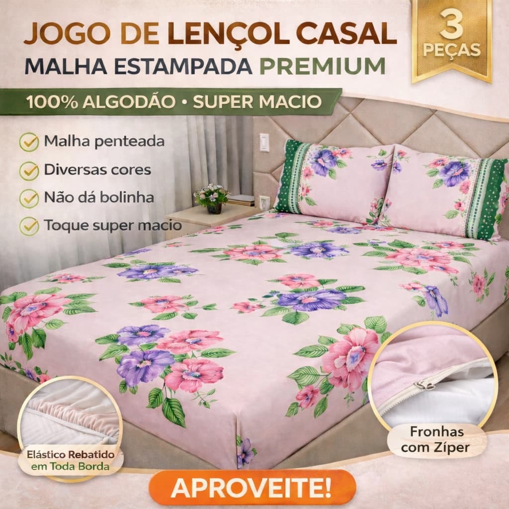 Jogo de Lençol Casal Padrão Malha Estampada 100% Algodão Várias Estampas
