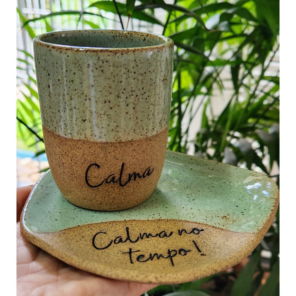 Kit Copo e Pires Frases Cerâmica Artesanal 150ml Minimalista Café Gourmet /Presente Criativo / Louça