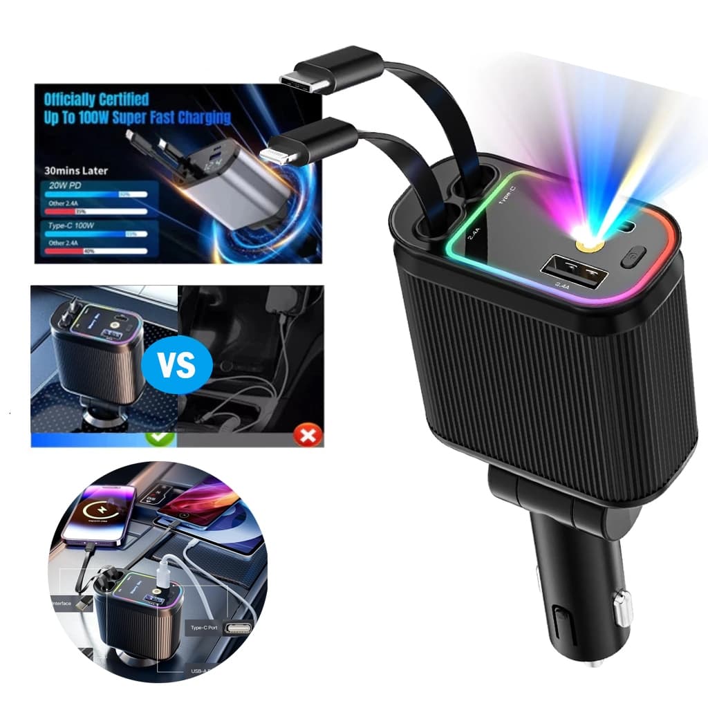 Carregador de carro retrátil, LED carregador rápido de para carro 4 em 1 para iPhone e Samsung-Já no Brasil