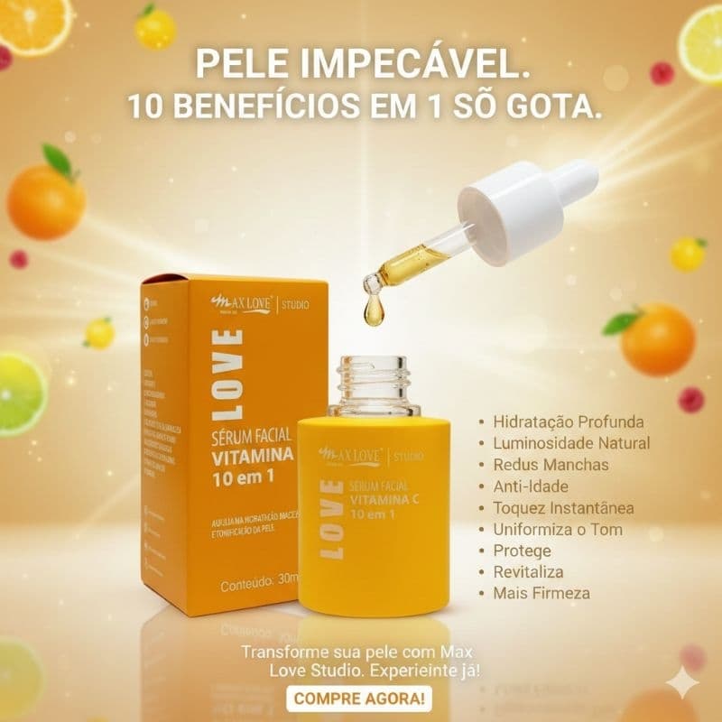 Vitamina C Sérum Facial 10 em 1 Vegano Max Love Anti Oxidante e Hidratante