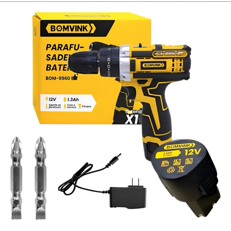 Parafusadeira Furadeira Bateria Sem fio Bomvink Bom-9960 Amarelo - Furadeira e Parefusadora elétrica a Bateria