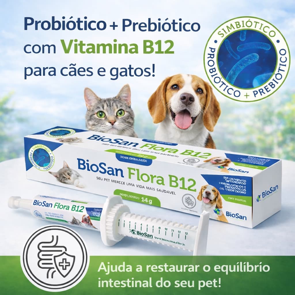Biosan Flora B12 14g Probiótico Prebiótico Vitamina B12 para Pet Controla Flora Intestinal Atacado