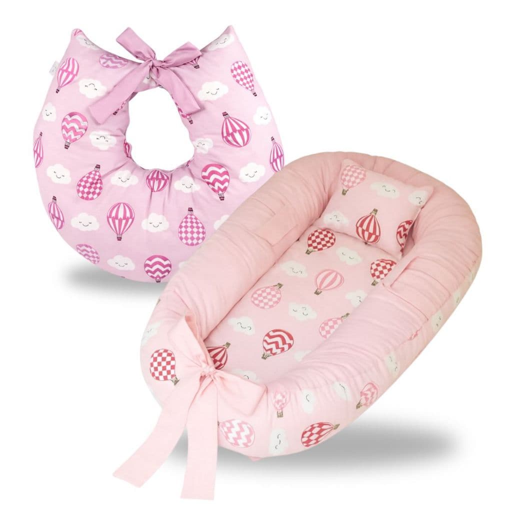 Ninho Redutor de Berço Bebe Menina Almofada Para Amamentação Kit 2 Peças Enxoval Luxo Balão Rosa