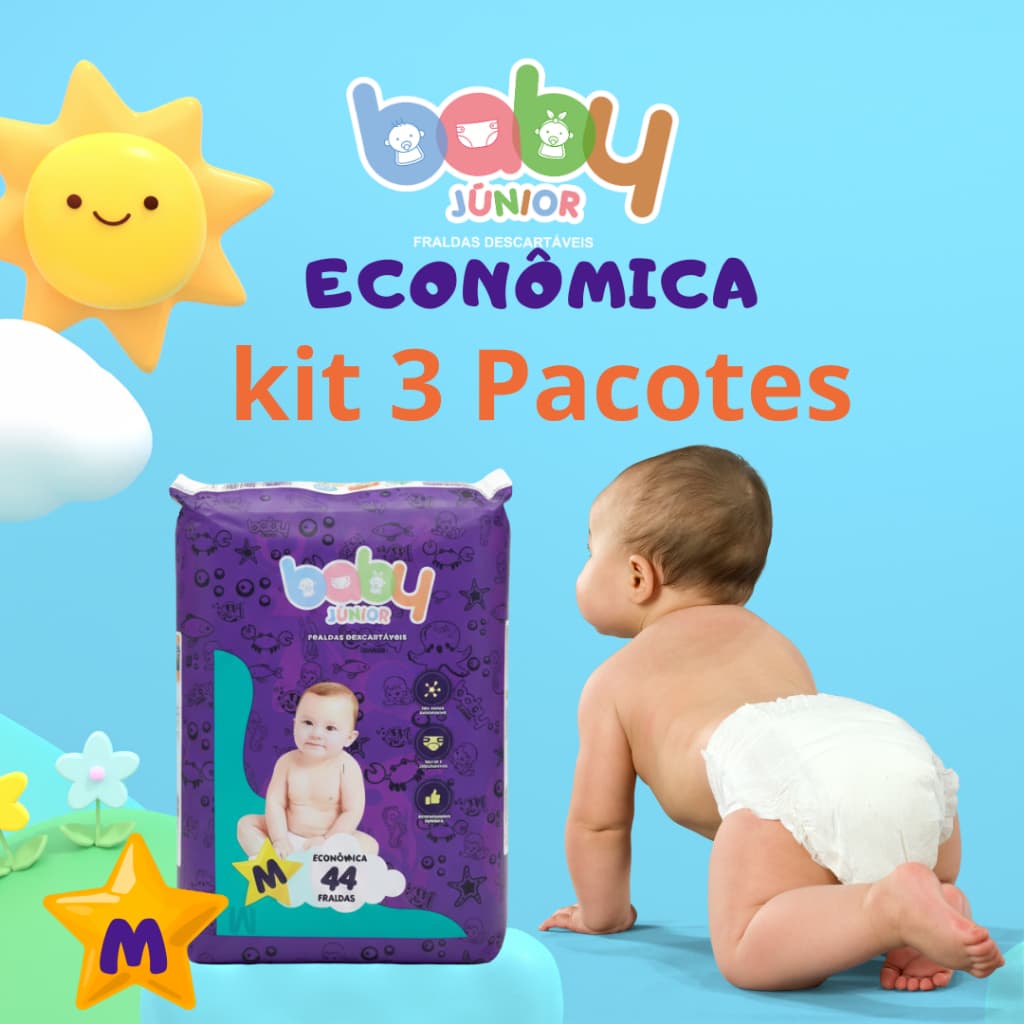 Kit Fralda Descartável Baby Junior Econômica M Com 3 Pacotes de 44 Fraldas Totalizando 132 Unds