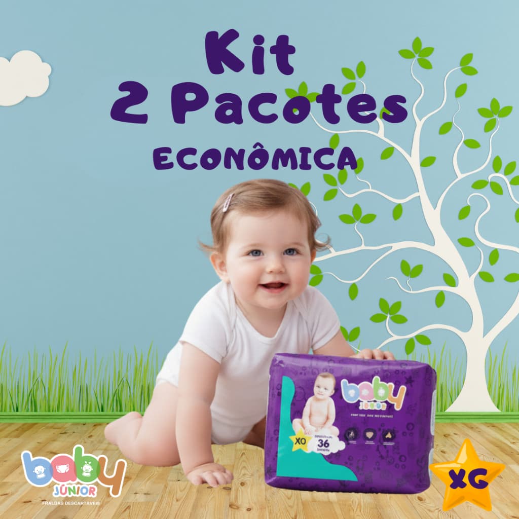 Kit Fralda Descartável Baby Junior Econômica XG Com 2 Pacotes  Com 36 Unidades Totalizando 72 Fraldas