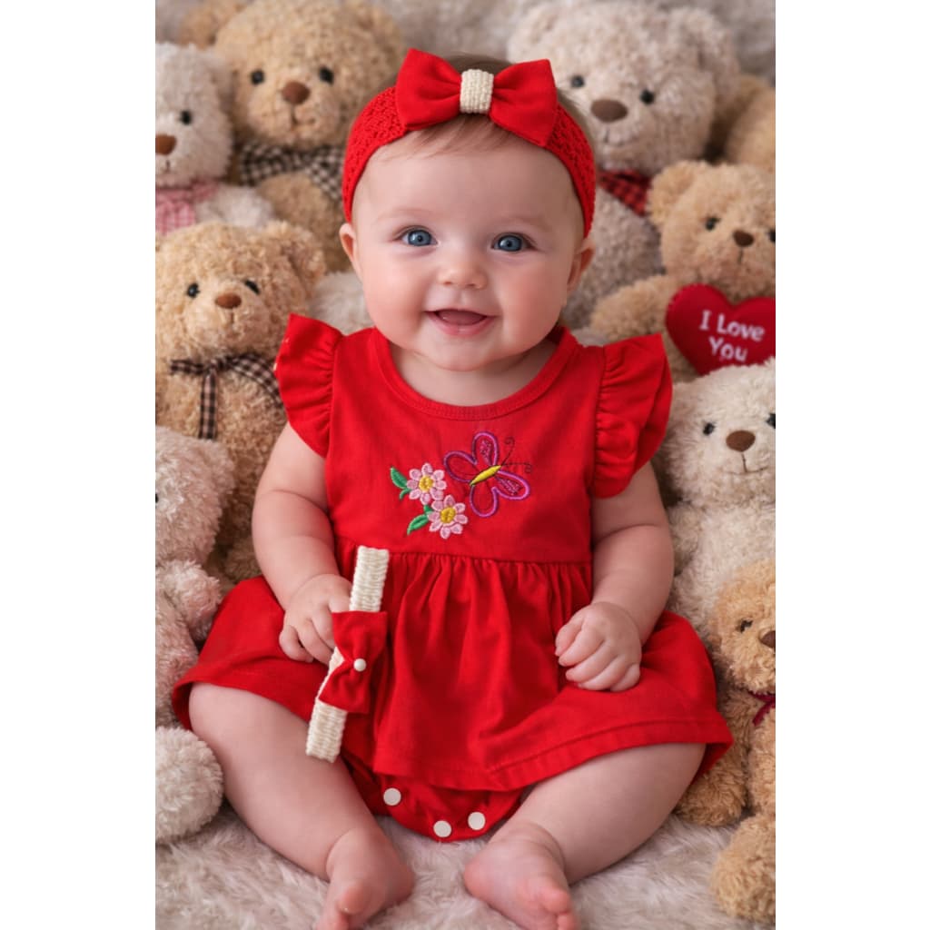 Body Vestido Sainha para Bebê Menina com faixinha de cabelo – Recém-Nascida 0 a 3 Meses – Look Fofo