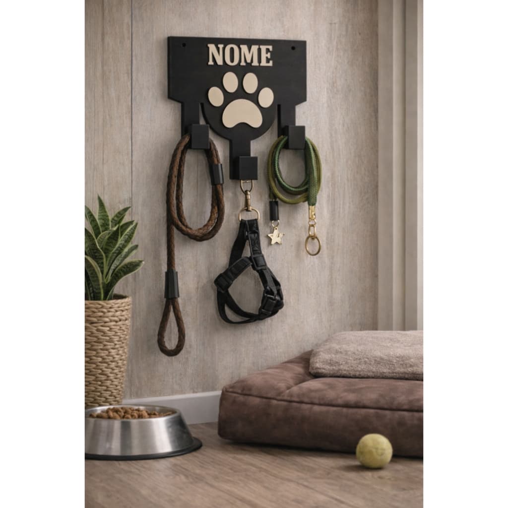Suporte para Guia e Coleira Pet Personalizado com Nome | Cachorro e Gato | Organizador de Parede | Decoração Pet