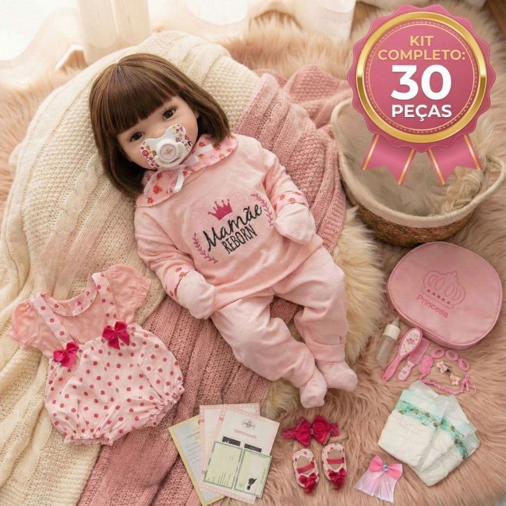 Kit Boneca Bebê Reborn Realista Menina 100% Silicone com Enxoval Completo 30 Itens Mamãe Reborn - 48cm!