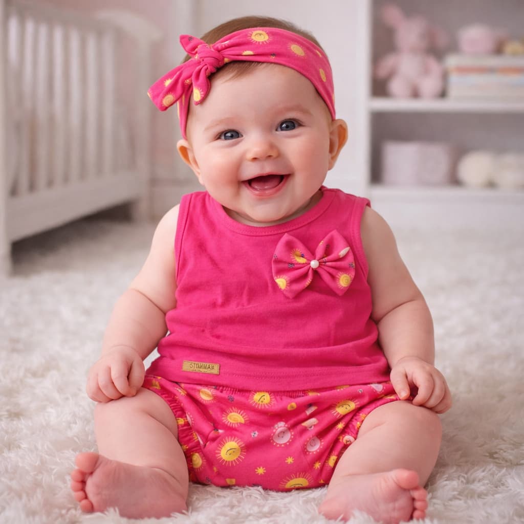 Conjunto Regata Tapa Fralda Bebê Menina 100%Algodão 0-3meses Verão Recem Nascido