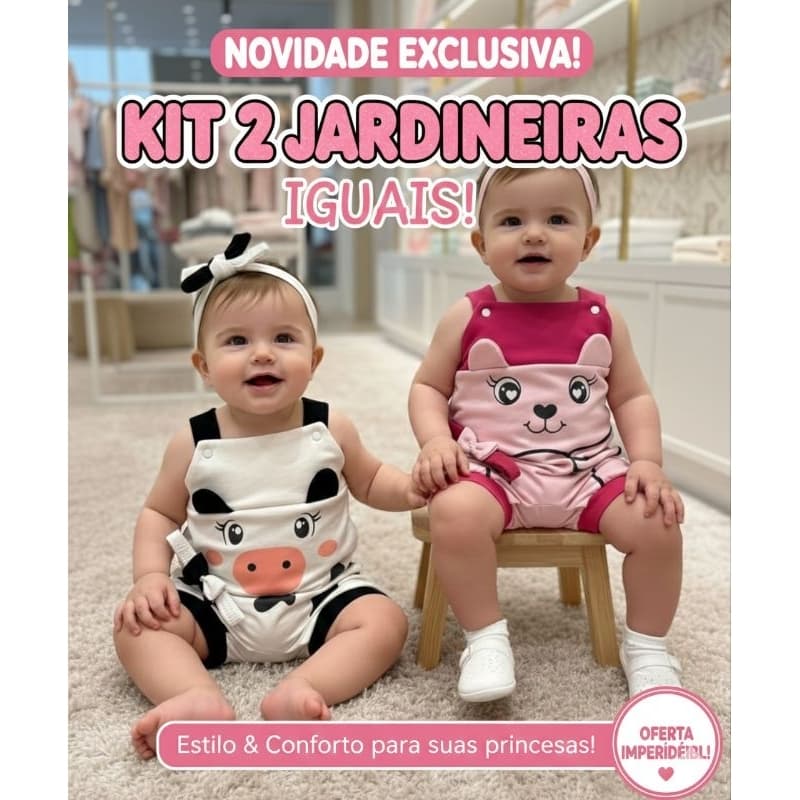 Kit 4 peças  2 jardineiras luxo vaquinha e ursinho 2 tiaras combinando bebê enxoval tamanho M