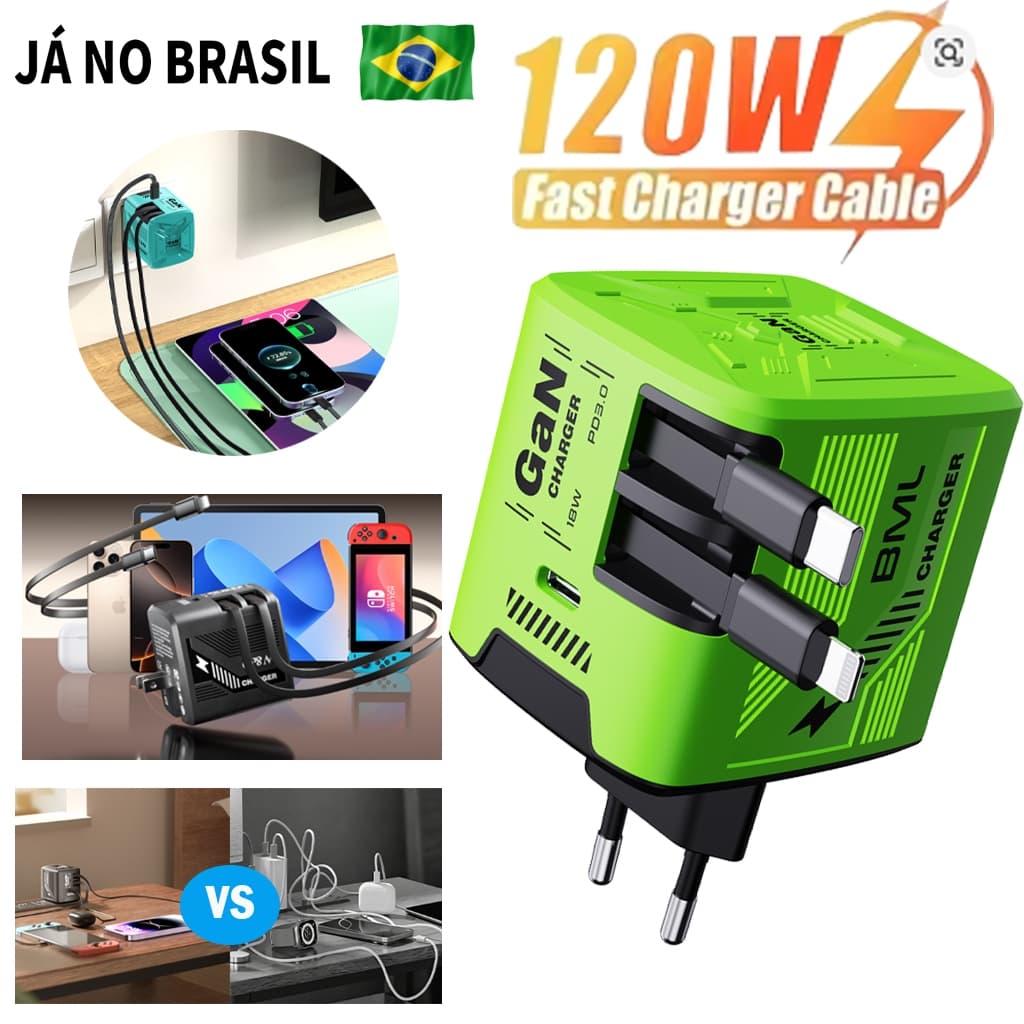 Carregador Turbo Retrátil Gan De 120w Com Type-c E Lightning Carregador rápido de para 3 em 1para iPhone e Samsung