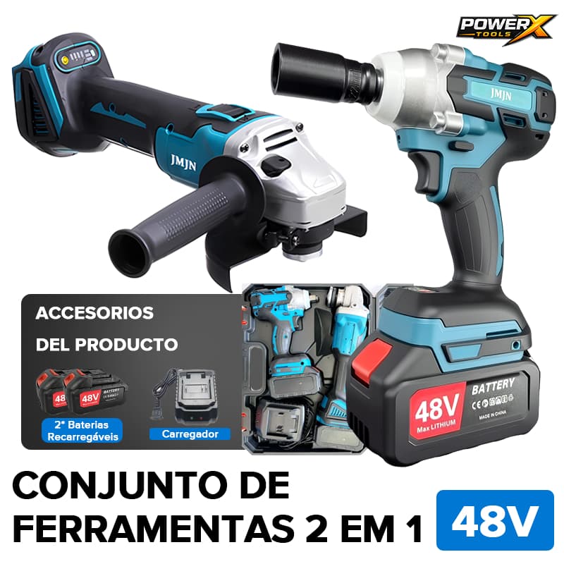 POWERX Kit 2 em 1 Ferramentas 48 V com 2 Baterias – Esmerilhadeira + Chave de Impacto Sem Fio Profissional
