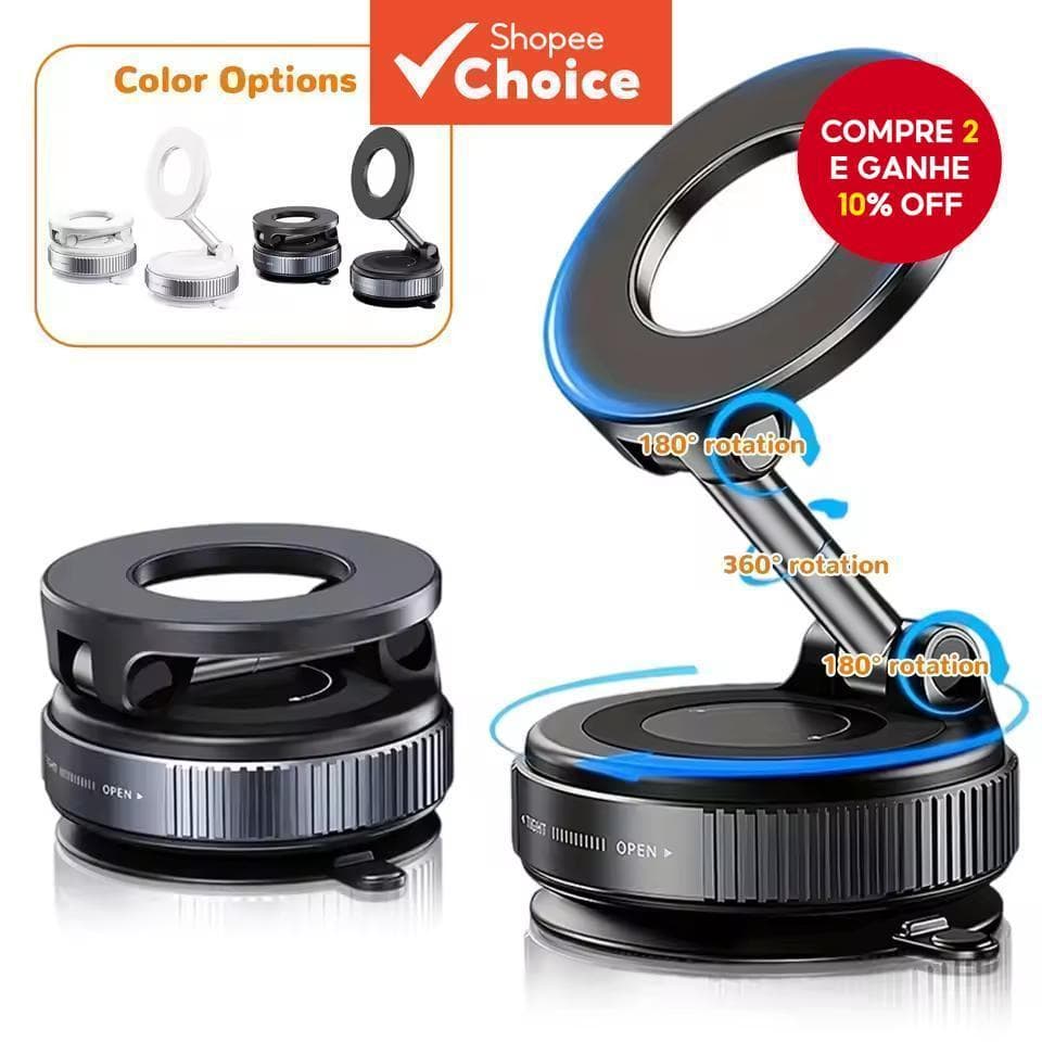 Suporte Magnético de Celular com Ventosa Ajustável em 360° para Carro, Tamanho de Bolso e Dobrável