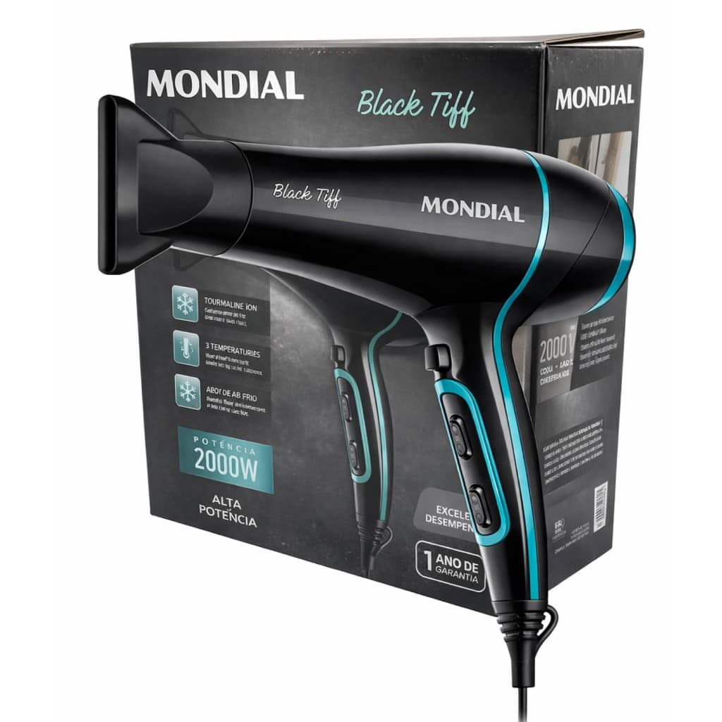 Secador de Cabelo Mondial Black Tiff 2000W Profissional Íon Tourmaline Ar Frio Original
