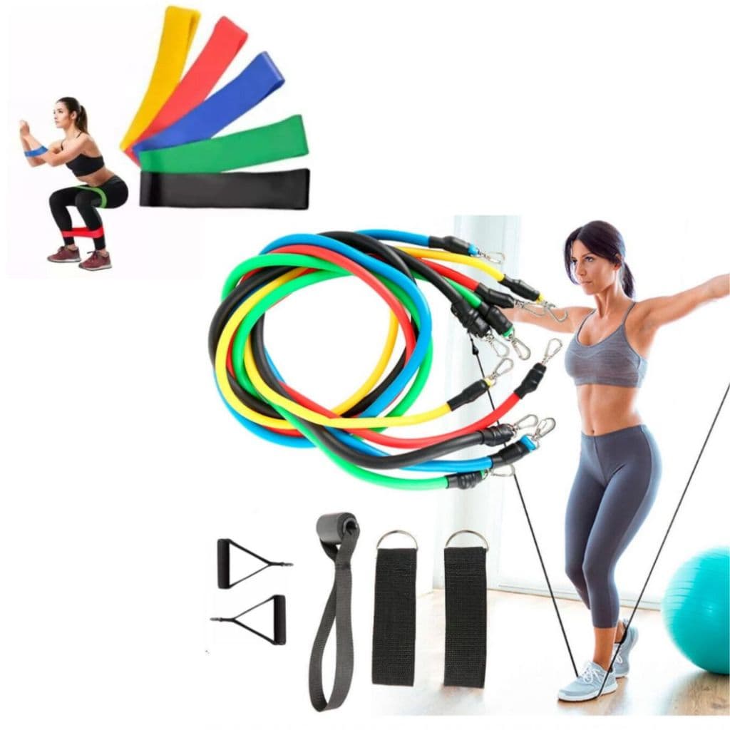 Kit 5 Mini Bands + Kit 11 Peças Elasticos Extensor Treino Em Casa Exercícios Musculação Fisioterapia