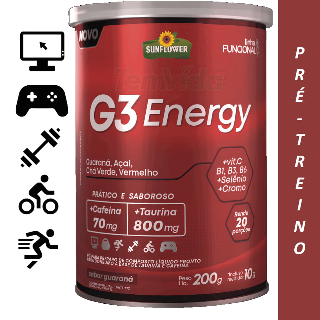 G3 Energy 200g Pré-Treino Açaí e Guaraná Chá Verde Taurina Cafeína Solúvel Sunflower
