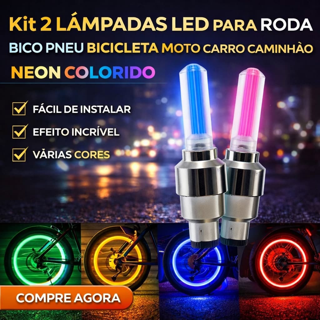 Kit 2 Lâmpadas Led Para Roda Válvula Bico Pneu Bicicleta Moto Carro Caminhão Neon Colorido