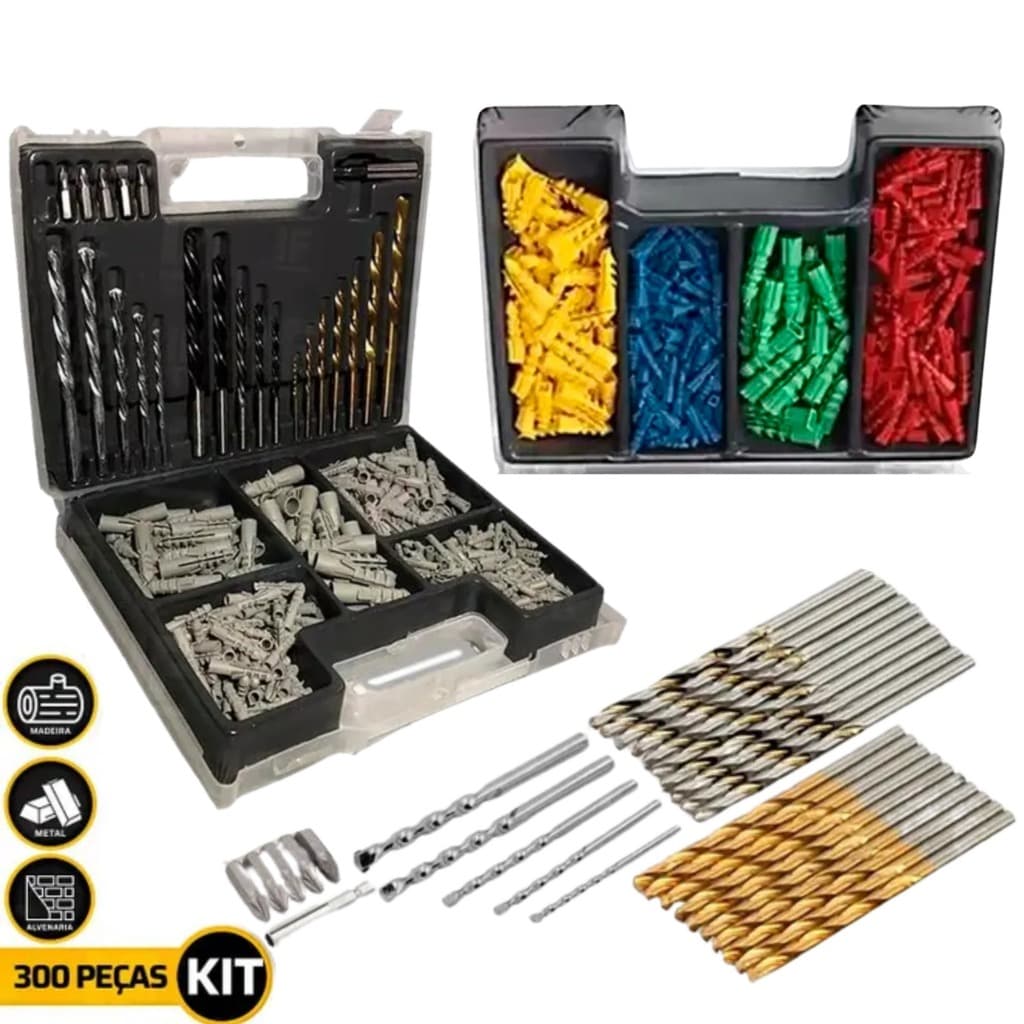 Jogo De Brocas Bits E Buchas Com 300 Peças Para Furadeira Parafusadeira Completo