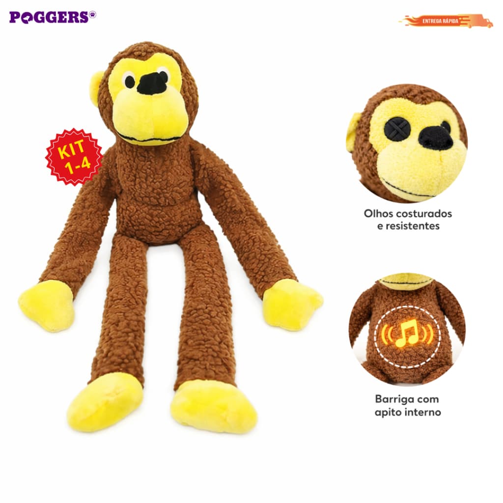 Brinquedo Cachorro Pelúcia Macaco 42 cm com Apito Diversão Pet