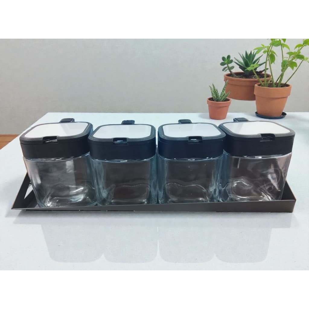 Kit com 4 Potes Porta Tempero Vidro 255 ml com Colher Aço Inox Resistente Condimento Sal Açúcar Temperos com Suporte