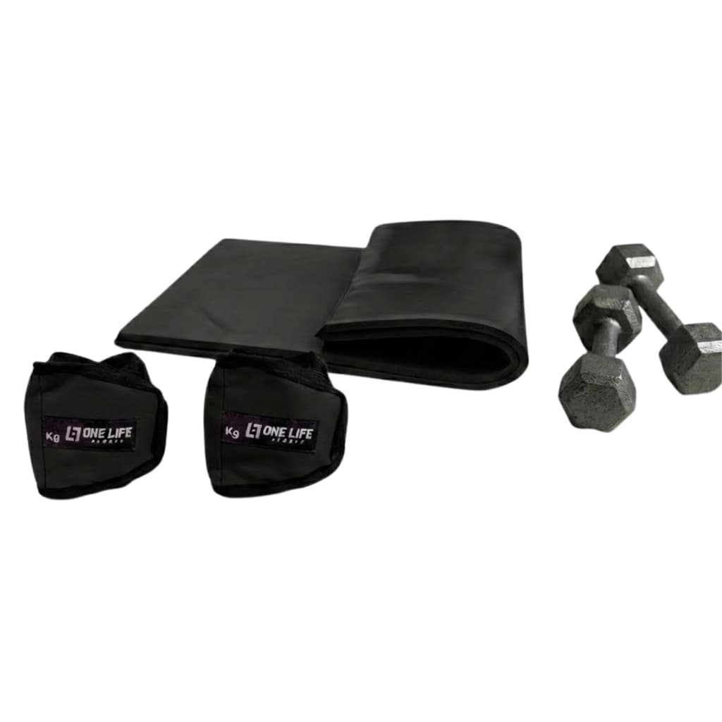 Kit Treino | One Life Sports® — Colchonete, Par Halter Sextavado 5kg, Par Caneleira 5kg — Compacto