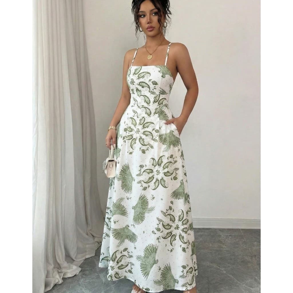Vestido Longo Feminino Alcinha Fina Bojo Estampa Floral Tendência Verão