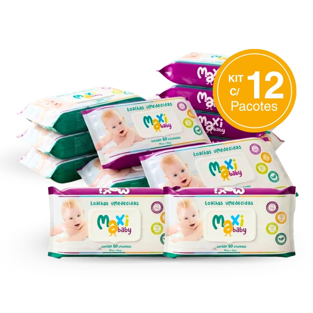 Kit com 12 Toalhas Lenços Umedecidos Hipoalergênico 50un Cada Maxi Baby