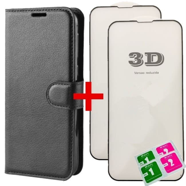 Kit Capa Capinha Carteira Flip + 2 Película de vidro 3D Para Samsung Galaxy A05 A06 A07 A57 A14 A24 A25 A34 A35 A54 A55