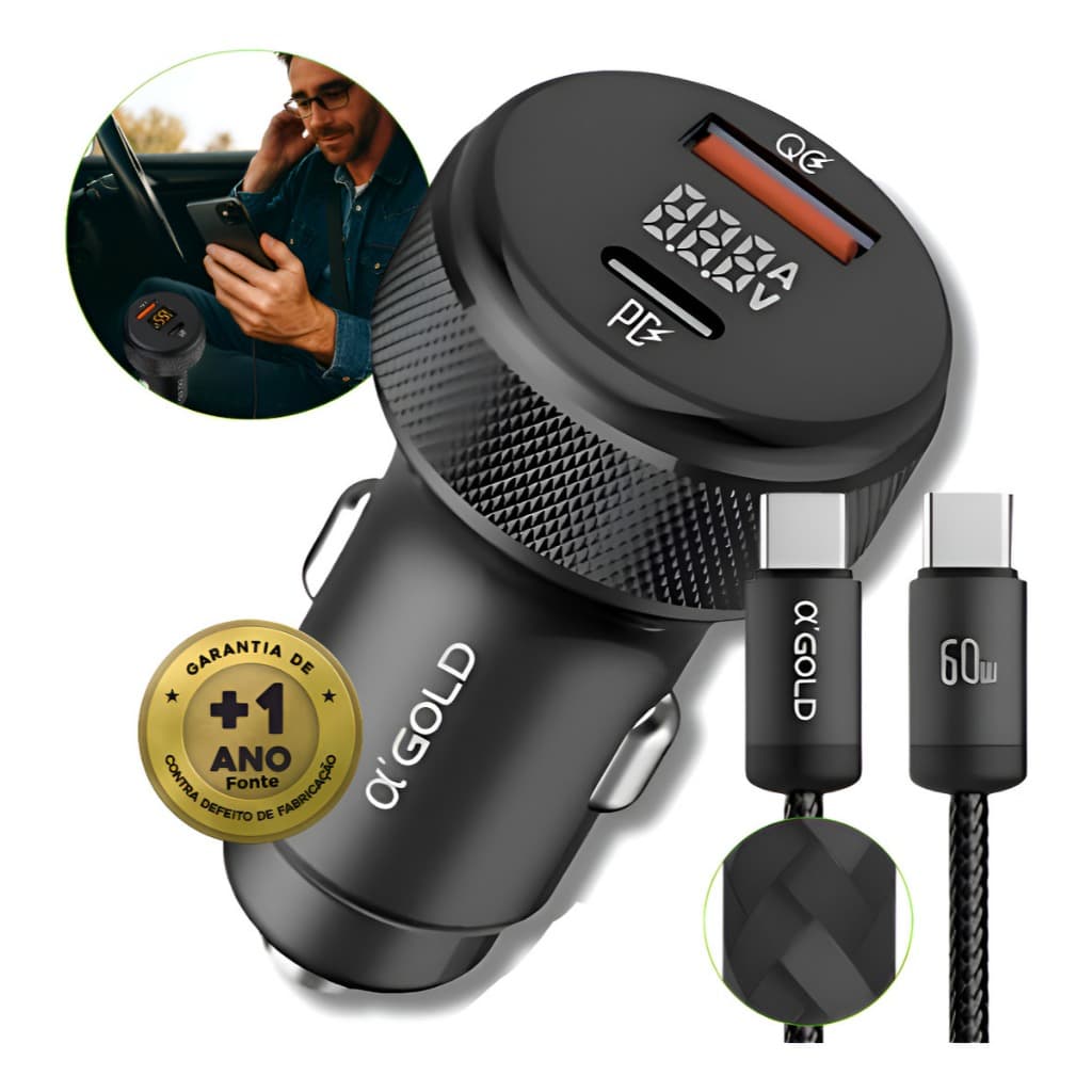 Kit Carregador Com Visor Led Veicular Turbo Rápido TIPO C + USB 60W  Automotivo
