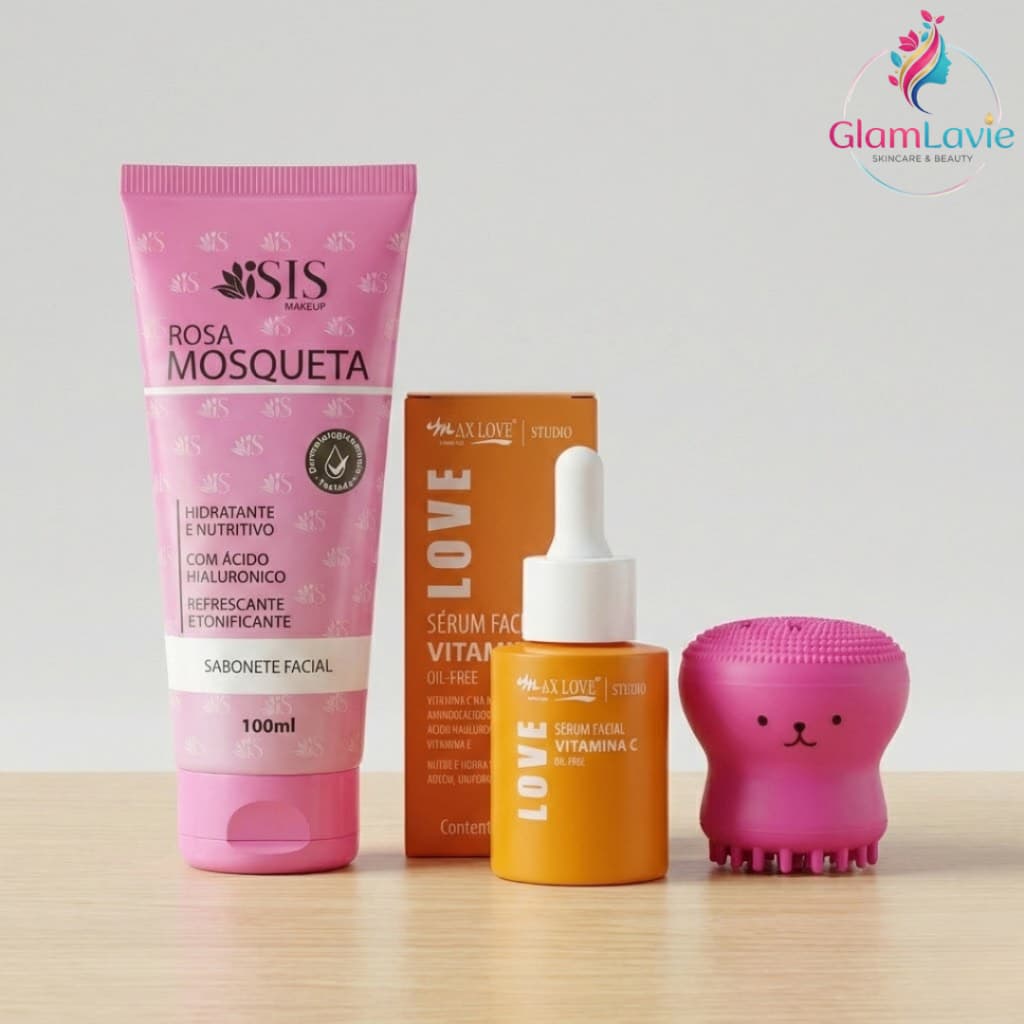 Kit Sabonete Facial Vitamina C ou Rosa Mosqueta + Serum Vitamina C Love + Esponja Buchinha de Lavar Rosto Polvo
