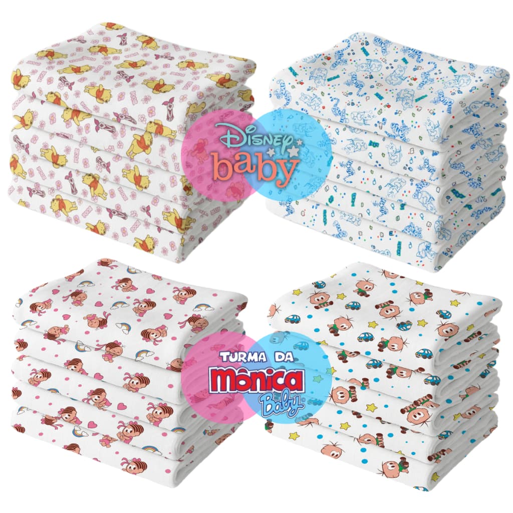 Pacote com 10 Fraldas de Pano de Personagens (5 Turma da Mônica + 5 Pooh) p/ Bebês e Recém-Nascidos 70cm x 70cm Algodão