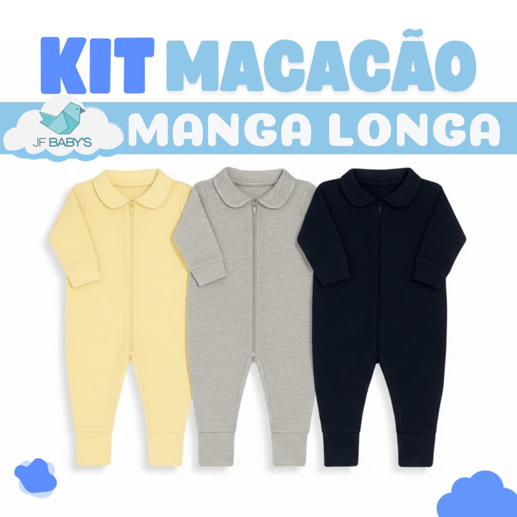 Kit 3/5 Macacãozinho Infantil Longo com Zíper Menino/Menina Maternidade Bebê Toque Suave
