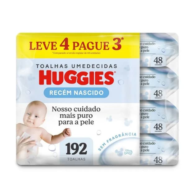 Lenço Umedecido Huggies Recém-Nascido Sem Fragrância 4 Pacotes com 48 Unidades Cada