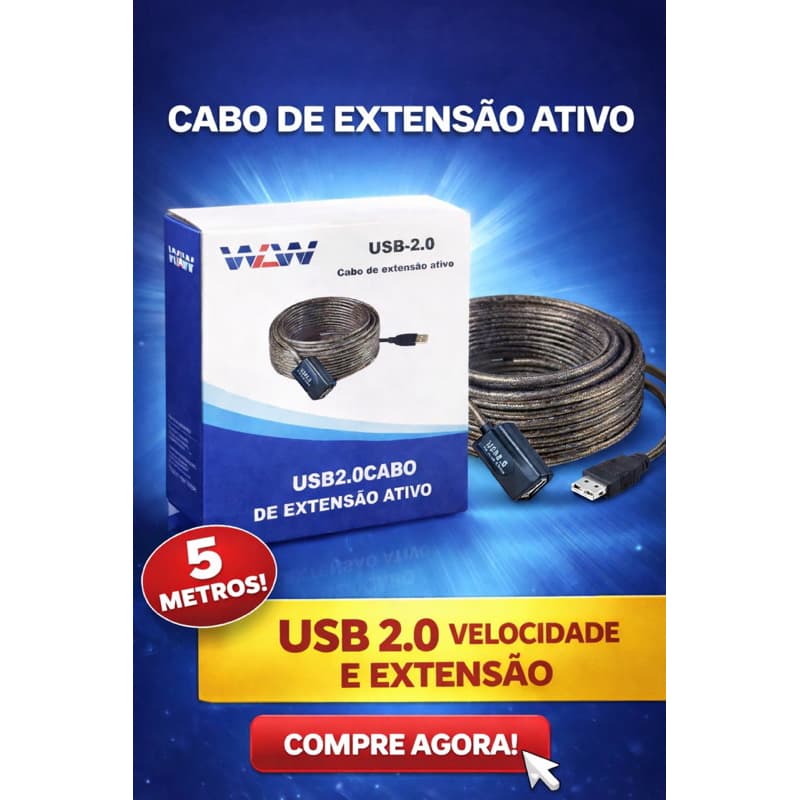 Cabo Usb 2.0 Extensor 5 metros Ethink Cinza Para Webcam Full Hd
