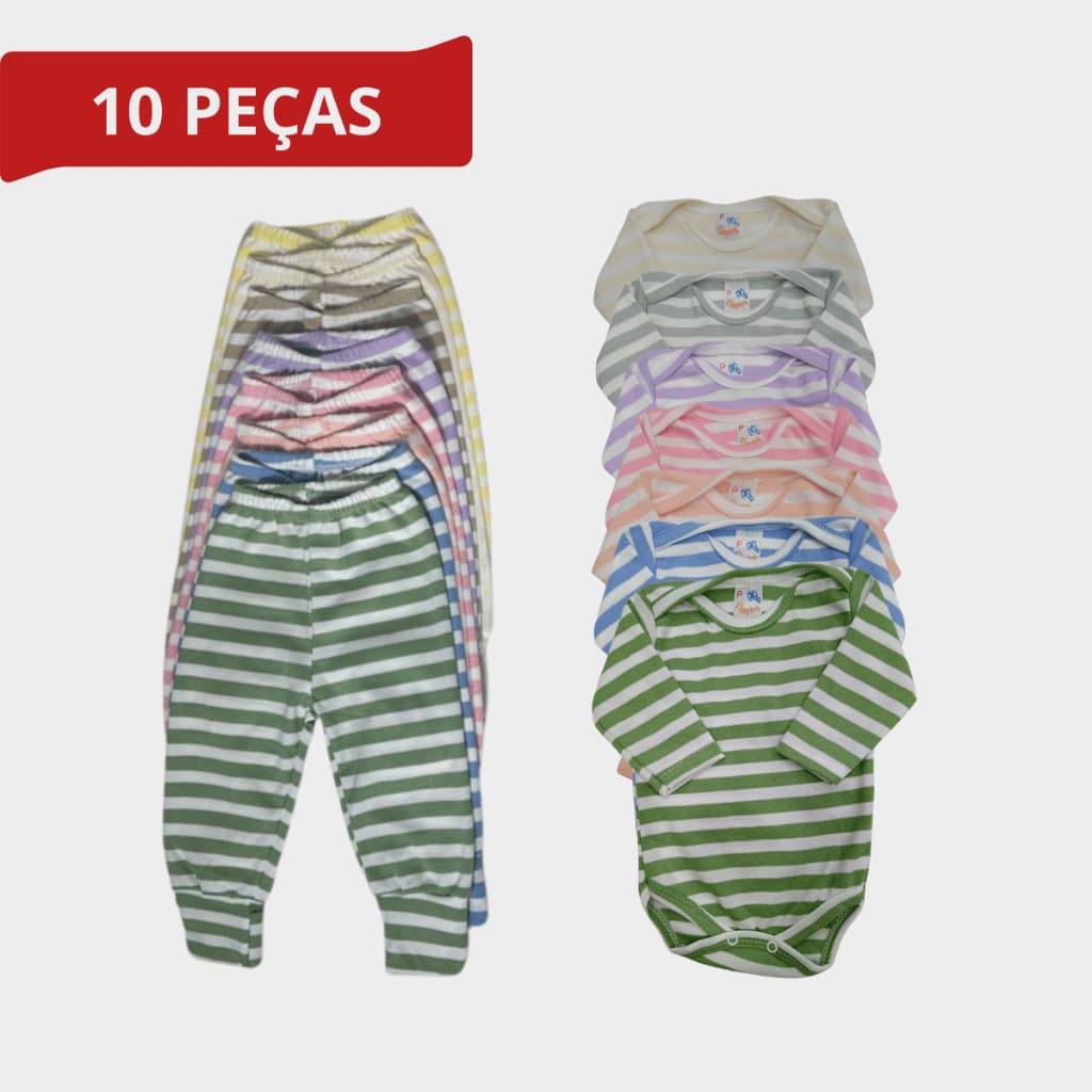 Kit 10 Peças Enxoval Infantil Roupa de Bebê Body Manga Longa e Mijão Vira Pé Listrado Menino Menina