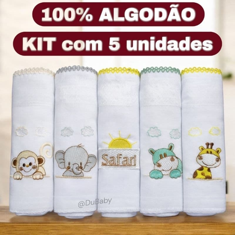 kit 5 Fralda de Pano Bebê Bordada 70x70 Algodão Recém nascido maternidade enxoval neném RN presente berço chá revelação