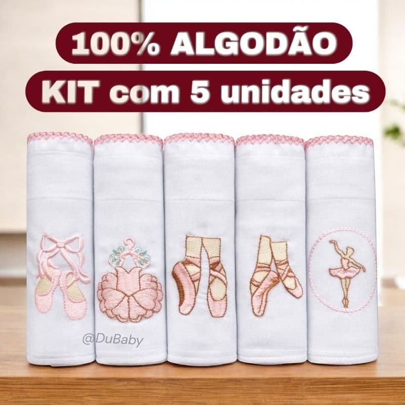 kit 5 Fralda de Pano Bebê Bordada 5un 70x70cm Algodão Duplo BAILARINA Recém nascido maternidade enxoval neném