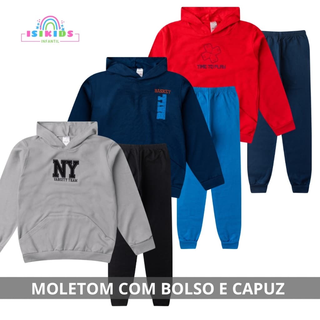 Kit 6 Roupa Moletom Infantil Juvenil Menino 3 Casaco 3 Calça