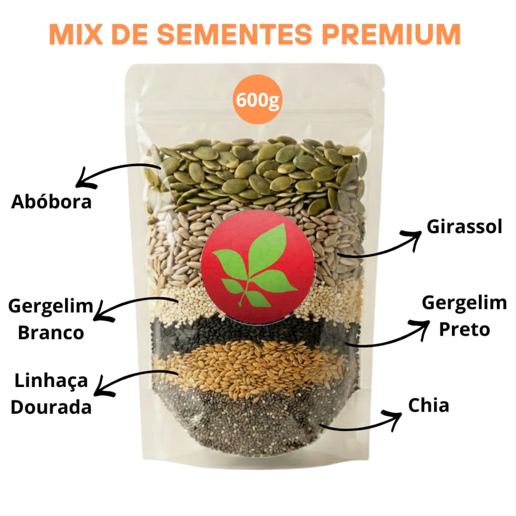 Mix De Sementes Saudáveis Premium 600g Chia Linhaça Gergelim Girassol Abóbora Sem Casca