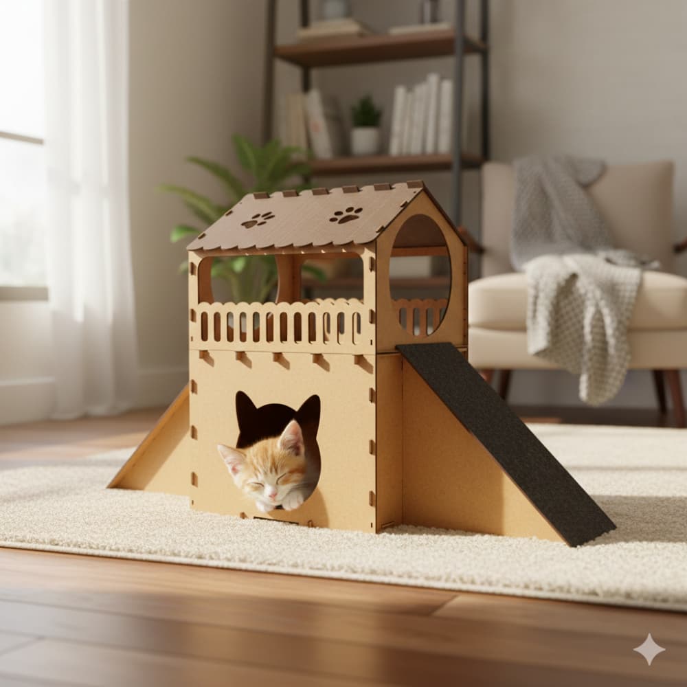 Casa Para Gatos Dois Andares 1 e 2 Rampas Toca Em Mdf Cama Beliche Brinquedo Arranhador Diversão