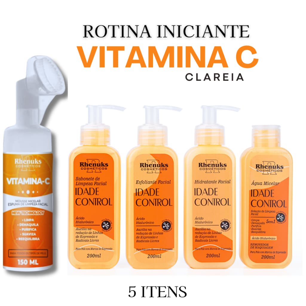 Kit Skincare Completo Clareador Vitamina C Anti Idade+Mousse Micelar Limpeza Facial- Rhenuks 5 itens