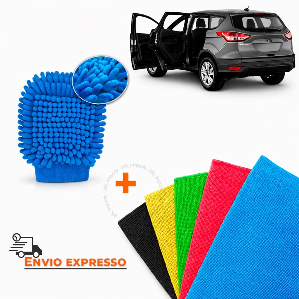 Kit de Lavagem Carro Moto Luva De Limpeza Automotiva + 5 Panos Microfibra Absorvente Toalha Multiuso