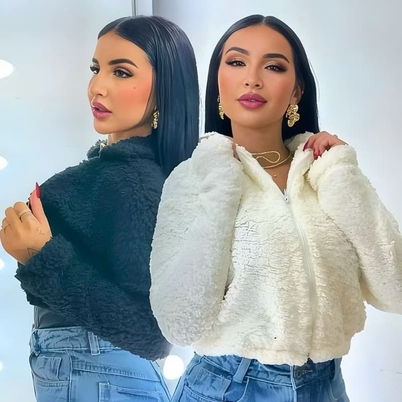 Casaco Teddy Feminino Inverno Com Zíper Pelo Sintético Quentinho Pelinho Frio Jaqueta Curta Elegante
